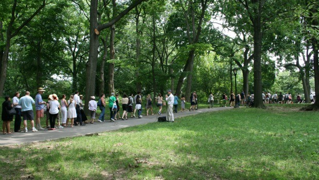 The line for Shakespeare in the Park tickets moved along at a clip an hour after tickets began being distributed. 